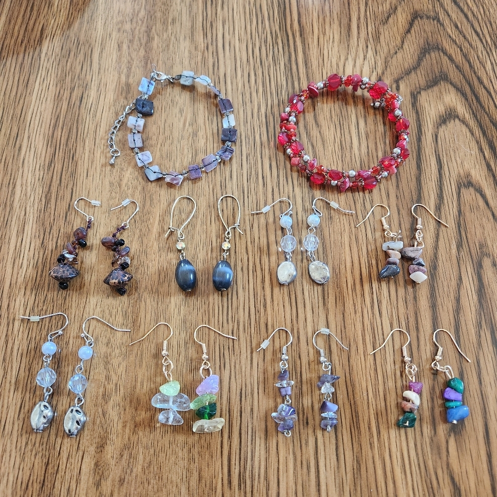 Earthy Artisan Gemstone Jewelry Lot 2 Bracelets 8 Pairs Earrings Boho Chic